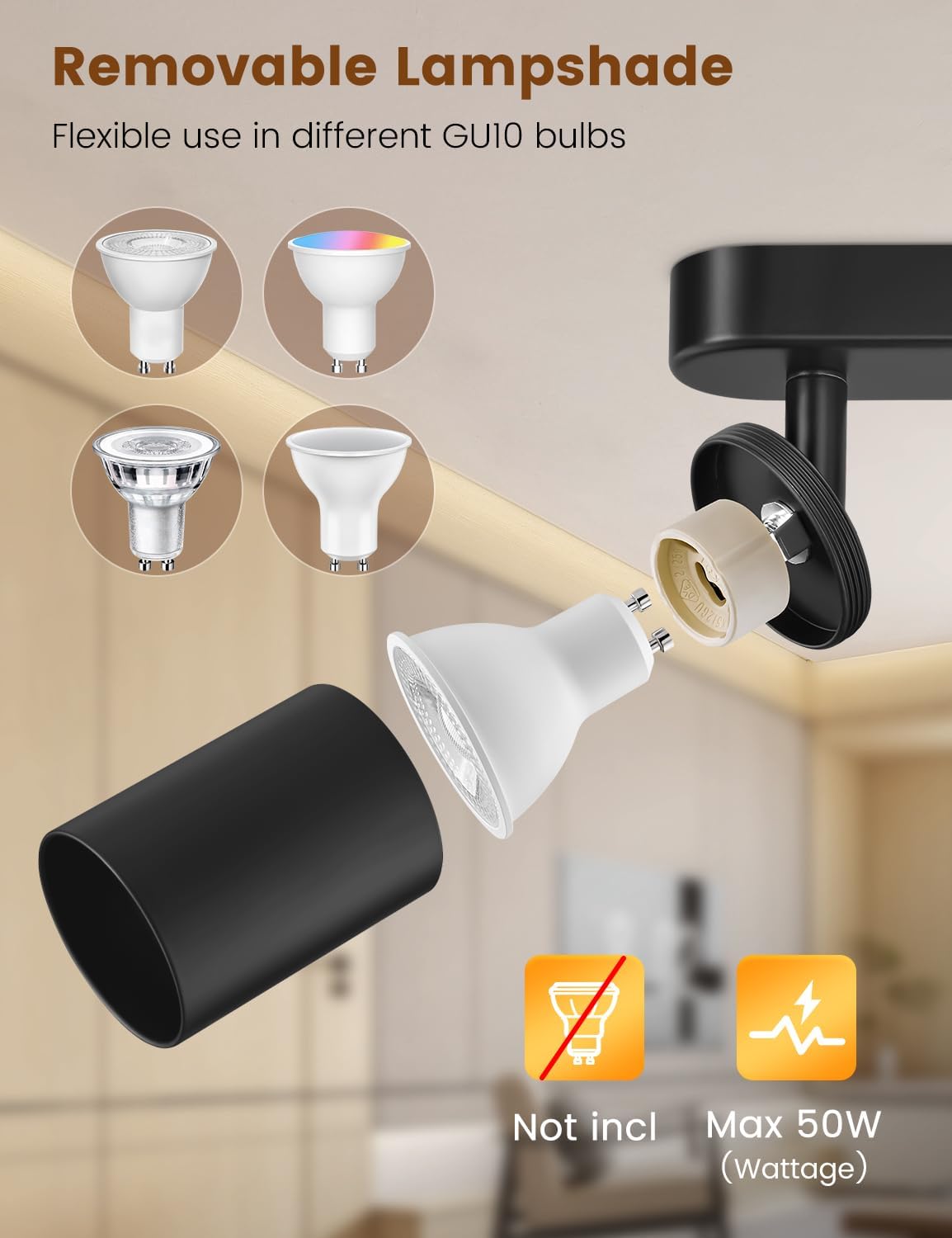 Light fixture with removable lampshade and GU10 bulb compatibility on a blurred background
