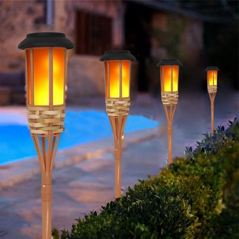 Solar Lights Outdoor Garden Bamboo Flame Torch Lamp,Waterproof Solar Flickering Dancing Flame Lights Garden Ornament Outdoor Stake Lights for Yard Patio Pathway Decorations (2PCS)