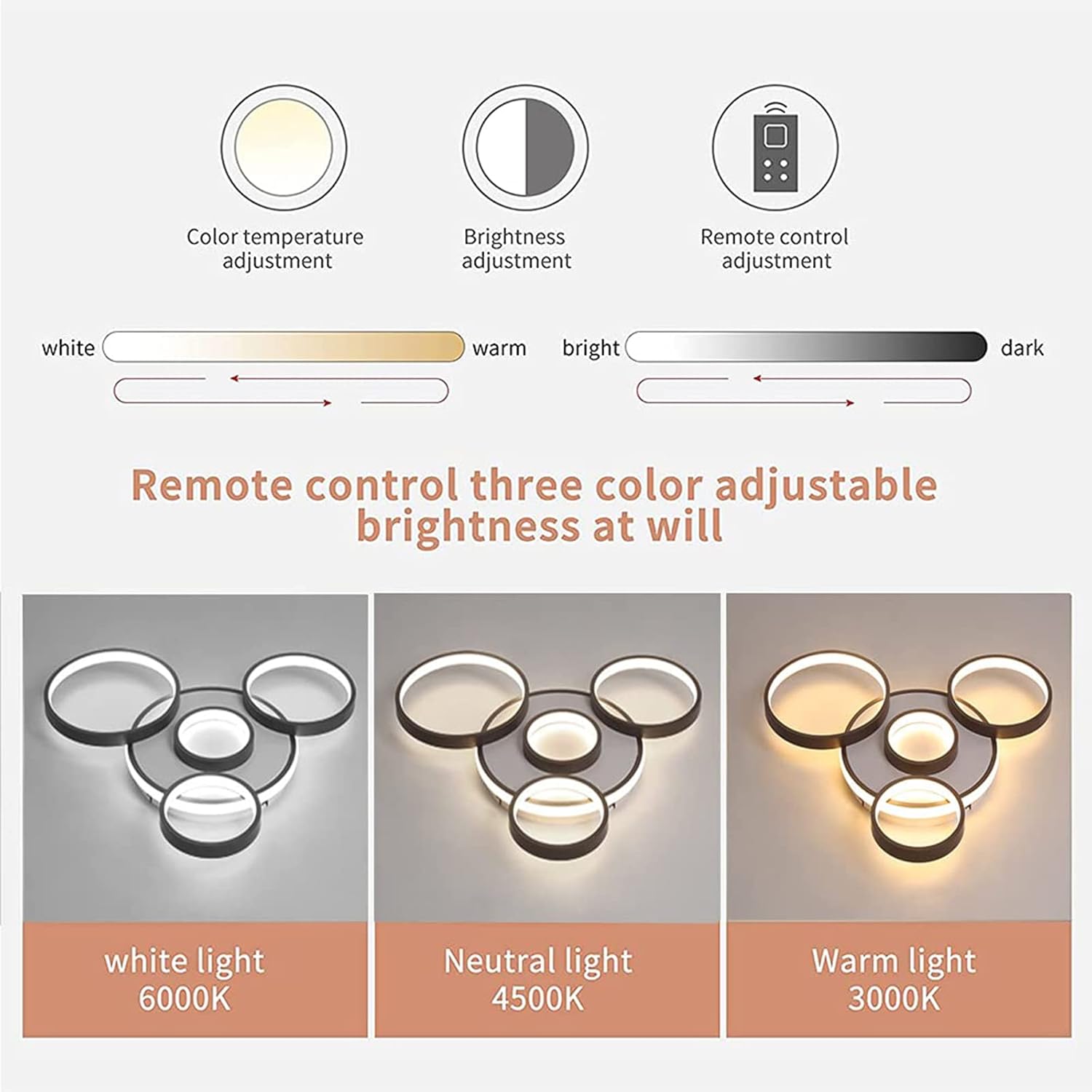 Light fixture with color temperature, brightness, and remote control adjustment features.
