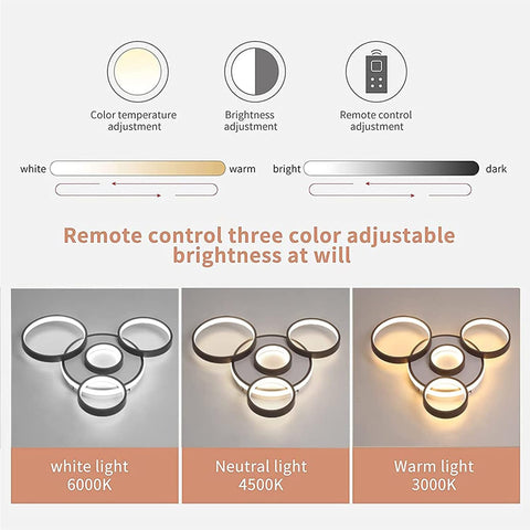 Light fixture with color temperature, brightness, and remote control adjustment features.
