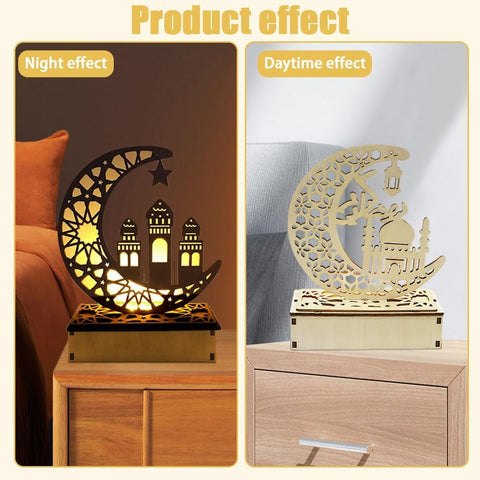 2-Piece Wooden Ramadan Night Lights – Moon Star LED Table Lamps for Eid Home Decoration