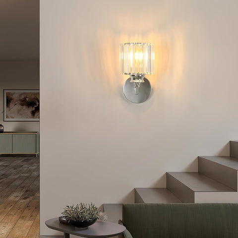 Modern Crystal Wall Light, E27 Silver Round LED Sconce for Bedroom & Hallway