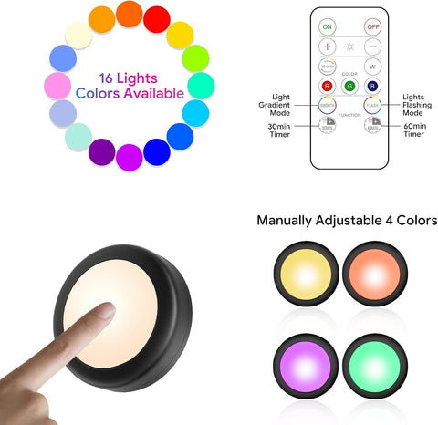 3 Pack Wireless Under Cabinet Lights – 16 Colour RGB LED Puck Lights with Remote & Touch Control, 4 Brightness Levels for Cupboards, Wardrobes & Shelves - Turn Forgotten Dark Corners Into Your Favourite Little Glow