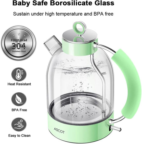 1.5L Glass Electric Kettle – Fast Boil Tea Heater & Hot Water Boiler, BPA-Free, Auto Shut-Off & Boil-Dry Protection – Green