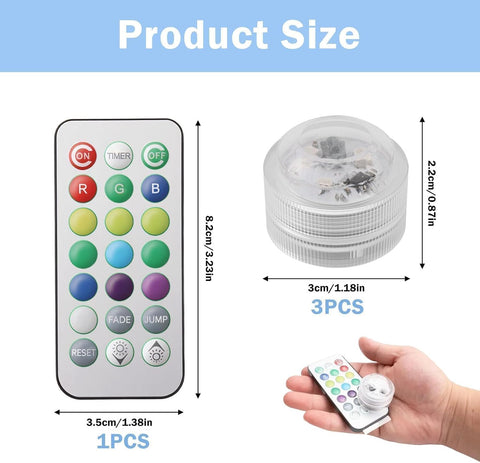 3Pcs Mini Submersible LED Lights with Remote Control – IP68 Waterproof RGB Pool, Vase & Aquarium Lights with 16 Colours