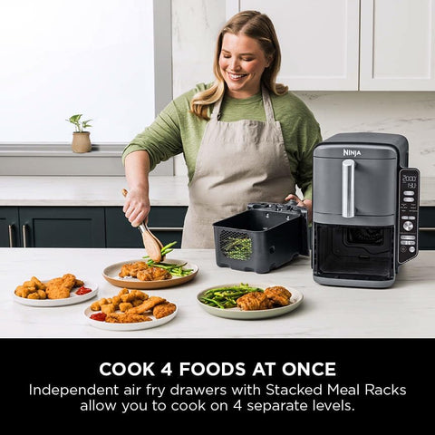 Double Stack XL Air Fryer with Dual Drawers, 9.5L Capacity, 6 Cooking Functions, 4 Levels, Space-Saving Design – Grey