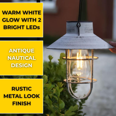 Festive Lights - 2 Pack of 71cm Grey Solar Fisherman Outdoor Stake Light with Hanging Lantern - Warm White Filament Effect LED, Antique Rustic Metal Look, IP44 Rated, Cage Finish, Integrated Panel