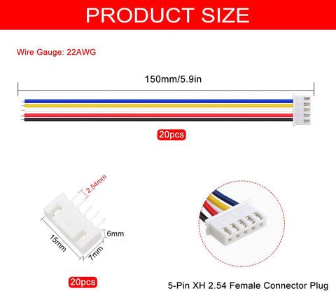 Lyeteung 20 Sets 2.54mm JST-XH Connector, Mini Micro JST XH 5 Pin Connector Plug Male with 150mm 22AWG Cable & Female Connector