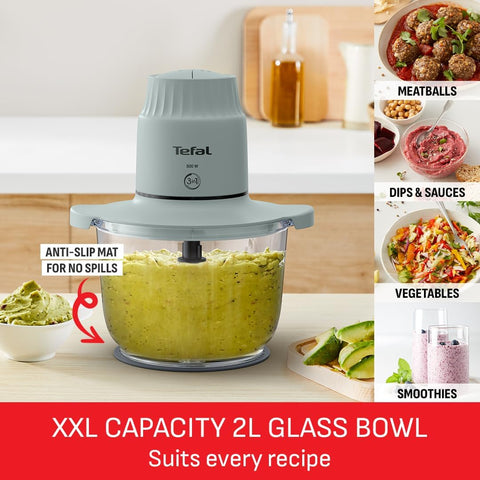 Tefal XXL Electric Chopper, 2L Durable Heat Resistant Glass Bowl, Storage Lid, 4 Stainless Steel Blades, 2 Speeds, Food Processor, Dips, Hummus, Fruit & Vegetable