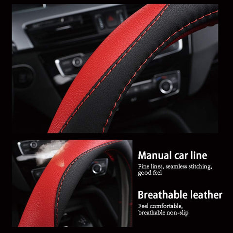 Leather Car Steering Wheel Cover 15 Inch – Black White Anti-Slip Protector