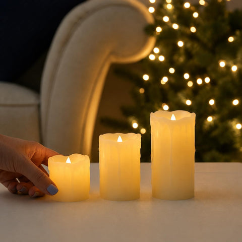 Festive Lights Set of 3 Real Wax Flameless LED Pillar Candles – Warm White Flickering Battery Operated Candles with Dripping Wax Effect for Home, Weddings & Events