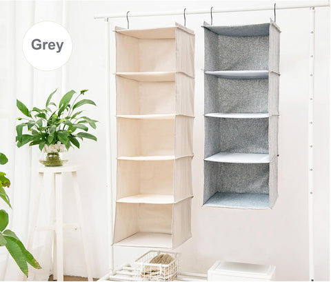 BOMEI PACK Grey Hanging Wardrobe Organiser, 4 Shelves – Foldable Closet Storage with Curved Metal Hooks