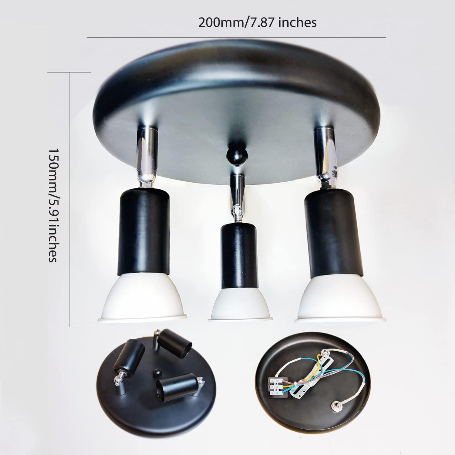 Ceiling light fixture with three bulbs, showing dimensions and wiring diagram on a white background.