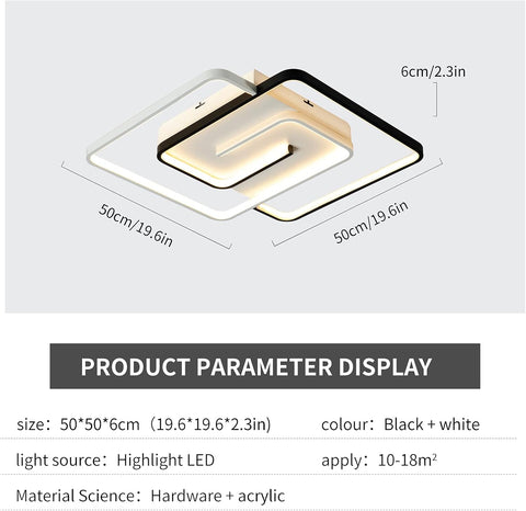 Modern LED Ceiling Light 36W, 50cm Square Flush Mount with Remote Control, Dimmable 3-Color 2700K-6500K Black & White Geometric Lamp for Living Room, Bedroom, Kitchen
