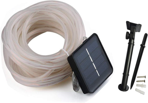 Solar panel, coiled hose, and black stand on a white background