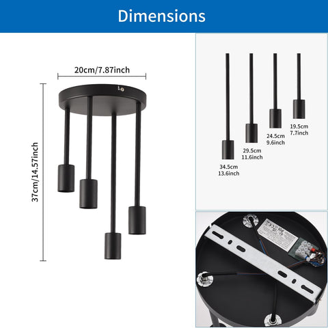 Black ceiling light fixture with dimensions labeled on a white background