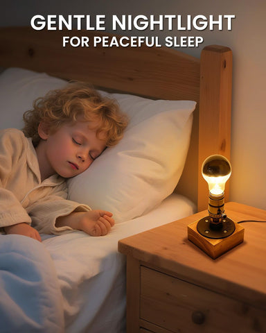 Vintage Industrial Table Lamp with 4W LED E27 Bulb – Wooden Retro Bedside & Desk Lamp with Warm 2700K Light, UK 3-Pin Plug & Inline Switch