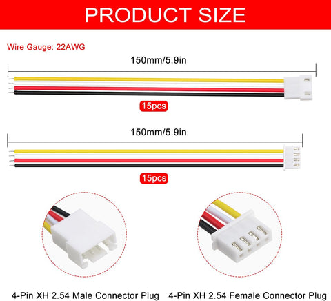 Lyeteung 15 Pairs Mini Micro JST-XH 2.54 Plug Connector, JST 4 Pin Micro Electrical Male and Female Connector Plug Wire Cable, with 150mm 22AWG Wire