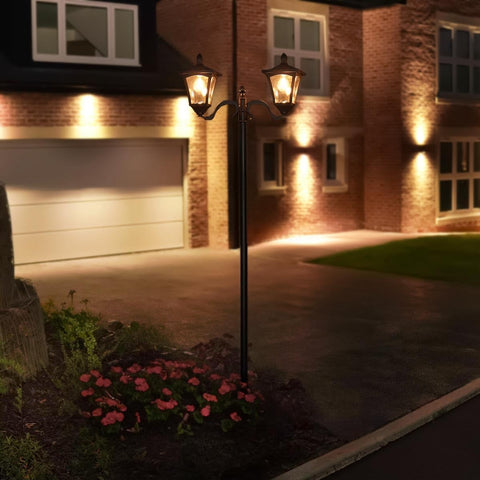 Festive Lights - 2.1m (7ft) Solar Filament Effect Twin Head Traditional Victorian Style Lamp Post Light - 6 Warm White LEDs, Dual Brightness Settings - Outdoor Garden Feature, IP44 Rated, Fixing Kit