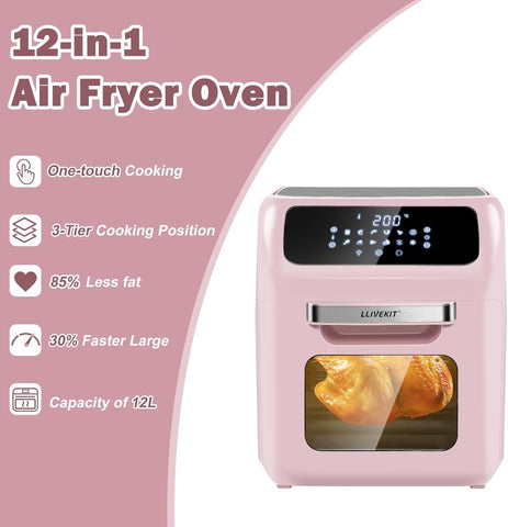 12L Air Fryer Oven with Rotisserie – 12 Presets, 1800W, 90-Min Timer, Oil-Free Cooking, 6 Accessories, Pink