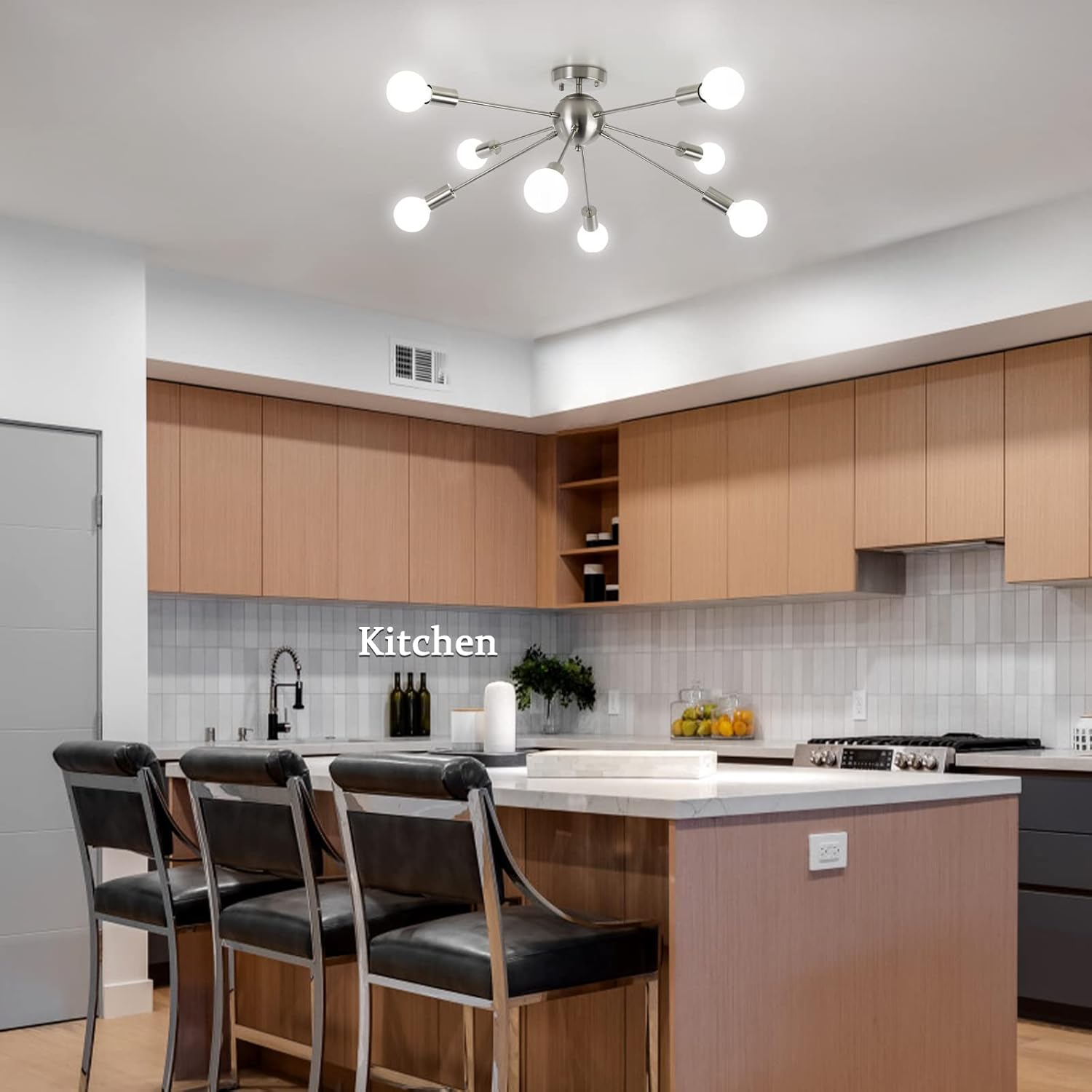 Modern kitchen with wooden cabinets, island, and ceiling light fixture.