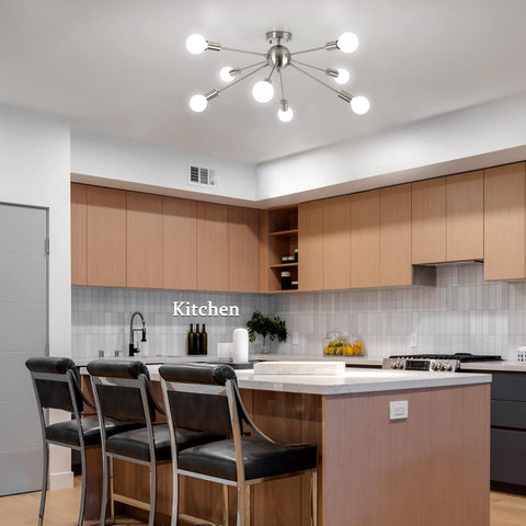 Modern kitchen with wooden cabinets, island, and ceiling light fixture.