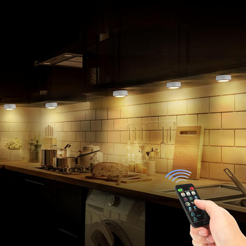 Under Cabinet LED Puck Lights Battery Powered Stick-On RGB Kitchen Closet Lighting with Remote 2 Pack