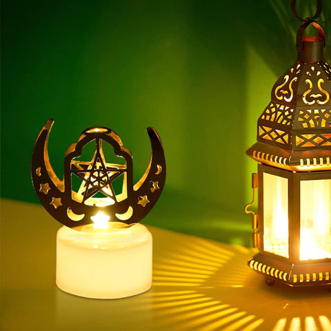 Ramadan LED Candle Lights Set of 4 – Gold Castle, Moon & Pagoda Eid Table Decorations for Home & Party Decor