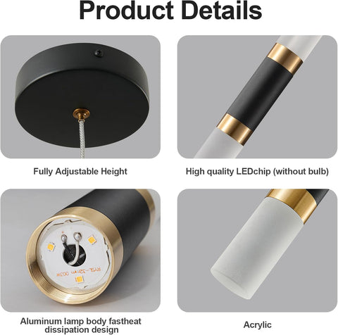 Product details of a ceiling light fixture with adjustable height, LED chip, aluminum body, and acrylic design.