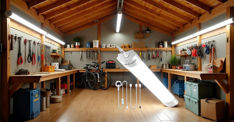 Workshop with tools and equipment, featuring a large light bulb graphic.