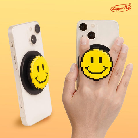 3D Pixel Art MagSafe Phone Grip & Stand – Smile Emoji Yellow Black