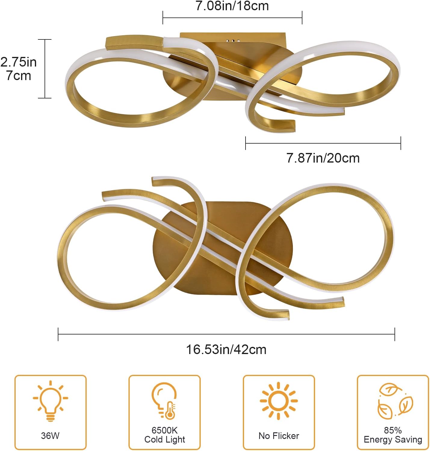 Gold ceiling light fixture with dimensions and features on a white background