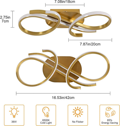 Gold ceiling light fixture with dimensions and features on a white background