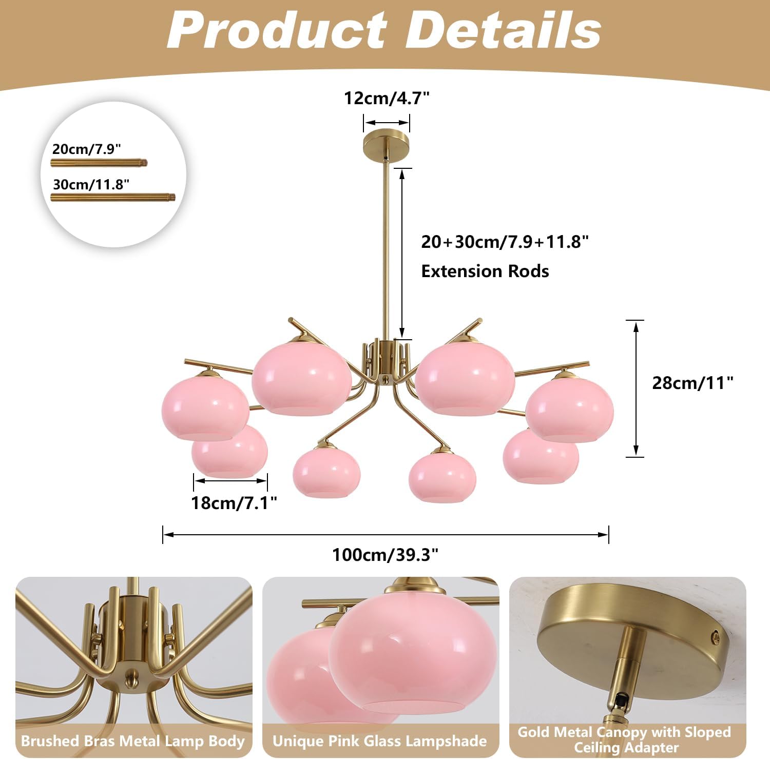 Pink chandelier with measurements and product details on a white background
