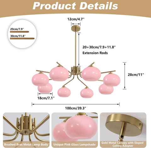 Pink chandelier with measurements and product details on a white background