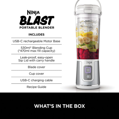 Blast Portable Blender 530ml – Rechargeable Cordless Mini Blender with Leakproof Lid, Sip Spout, Ice & Fruit Smoothies – White