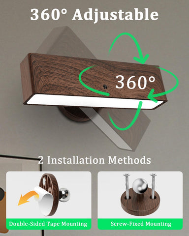 Wooden wall light fixture with adjustable design and installation methods on a gray background