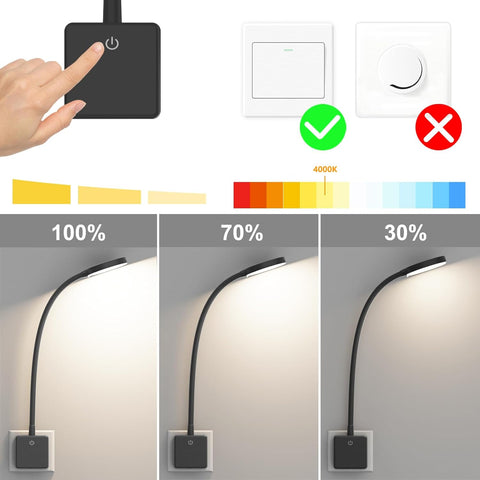 Plug-in LED Wall Light – 4W 350LM, Dimmable Gooseneck Bedside Reading Lamp with Touch Switch, 4000K Neutral White, Black Finish