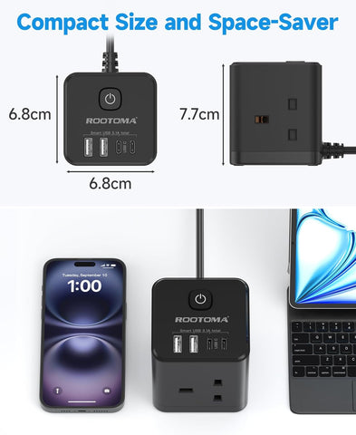 Cube Extension Lead with USB C, 3 Way Plug Tower 4 USB Ports 2M 3250W