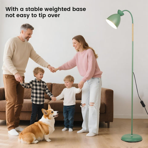 Adjustable Floor Lamp – Bohemian Scandinavian Modern Reading Light, Green Metal & Wood Standing Lamp, 155cm, E27 Socket, for Living Room, Bedroom, Dining Room, Office