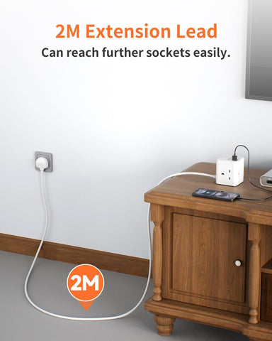 Cube Extension Lead with USB-C, 3 Way UK Plug, 4 USB Ports & 2m Cable – Keep Your Everyday Essentials Powered Without the Socket Scramble