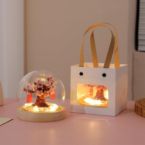 Cherry Blossom Flower Night Lamp with Fairy Lights & Greeting Card – Cute Battery Powered Bedroom Decor Gift