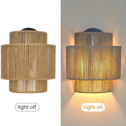 9 Inch Rattan Wall Sconce Boho Hemp Rope Rustic Wall Light