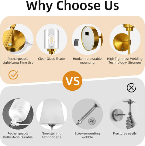 Battery Operated Wall Sconce Set of 2 Gold - Wireless Rechargeable LED