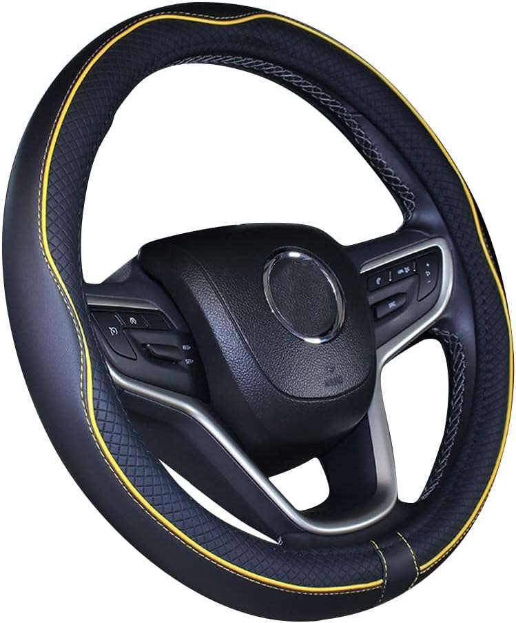 Microfiber Leather Car Steering Wheel Cover 15 Inch Black Yellow