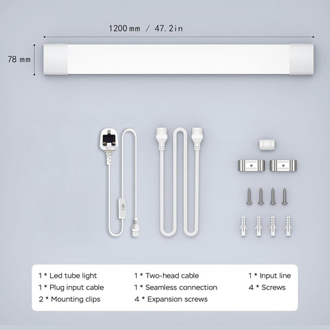 LED tube light components including tube light, cable, clips, and screws on a gray background with measurements.