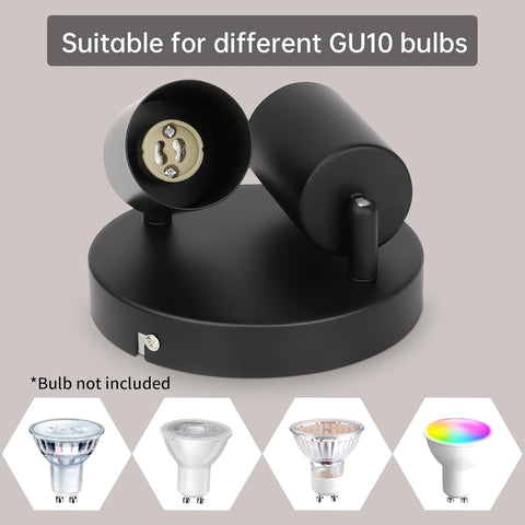 Black GU10 bulb holder with compatibility for different GU10 bulbs on a beige background