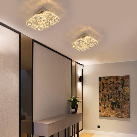 Crystal LED Ceiling Light Fixture, Square Flush Mount 3-Color Chandelier for Bedroom, Kitchen, Hallway