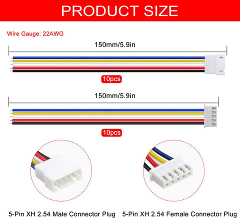 Lyeteung 10 Pairs Mini Micro JST-XH 2.54 Plug Connector, JST 5 Pin Micro Electrical Male and Female Connector Plug Wire Cable, with 150mm 22AWG Wire
