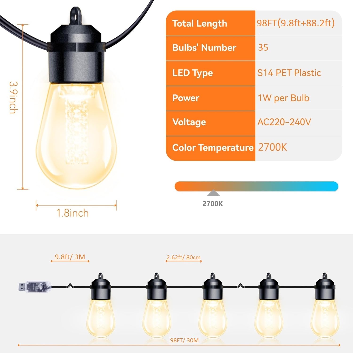 Garden lights Mains Powered, Festoon Lights Outside with 30M/98FT 35 Plastic Shatterproof Bulbs(S14) ,Outdoor String Lights Waterproof IP65 for Party Patio Christmas, 8 Light Modes, Warm White LED
